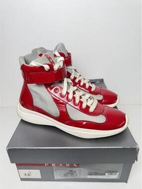 Prada America’s Cup High Top Sneakers Red Silver Patent SZ 9